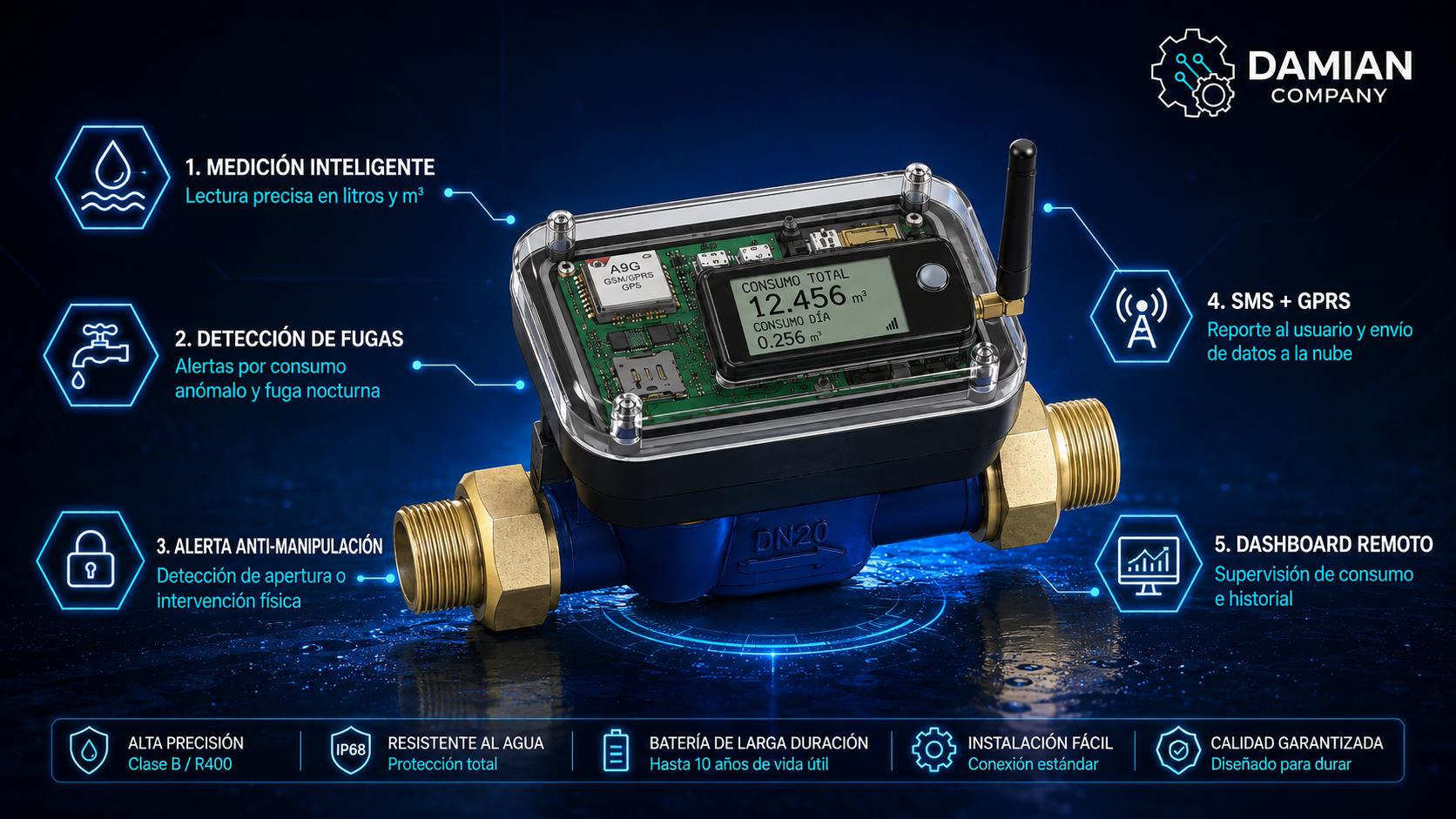 Medidor inteligente IoT de agua con SMS, nube y detección de fugas/manipulación  — imagen 1
