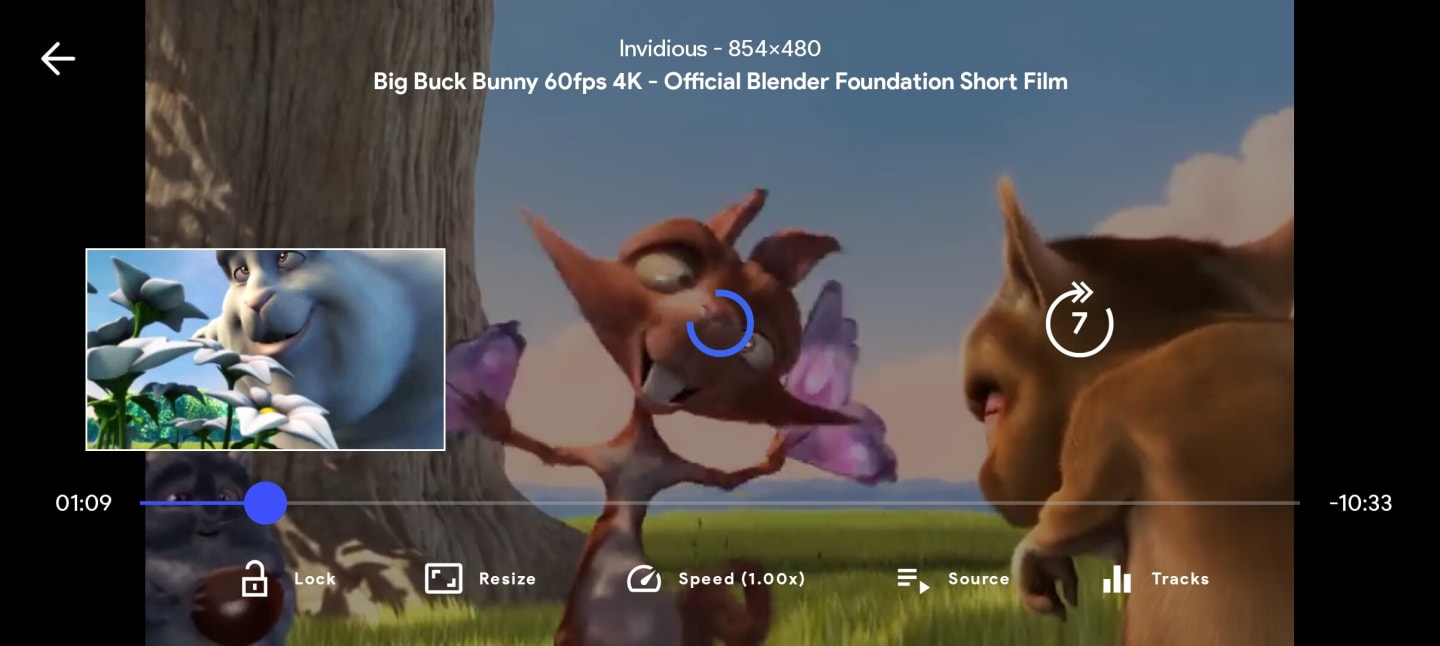 CloudStream playing Big Buck Bunny in its built-in video player.