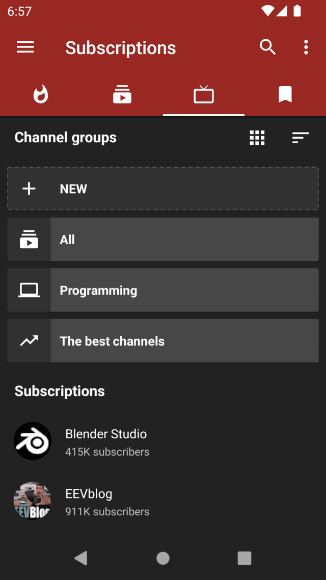 NewPipe subscriptions list with channels imported from a YouTube CSV.