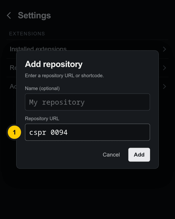 Illustration of the CloudStream Add repository dialog with the official cspr 0094 shortcode entered.
