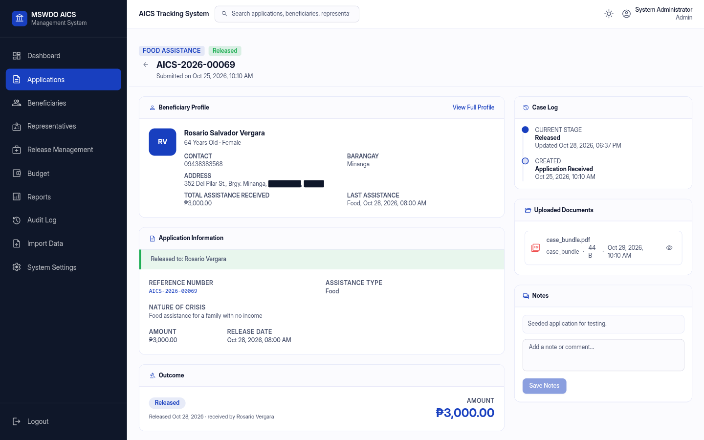 AICS case record showing a beneficiary profile, released application details, outcome, uploaded documents, and case log.