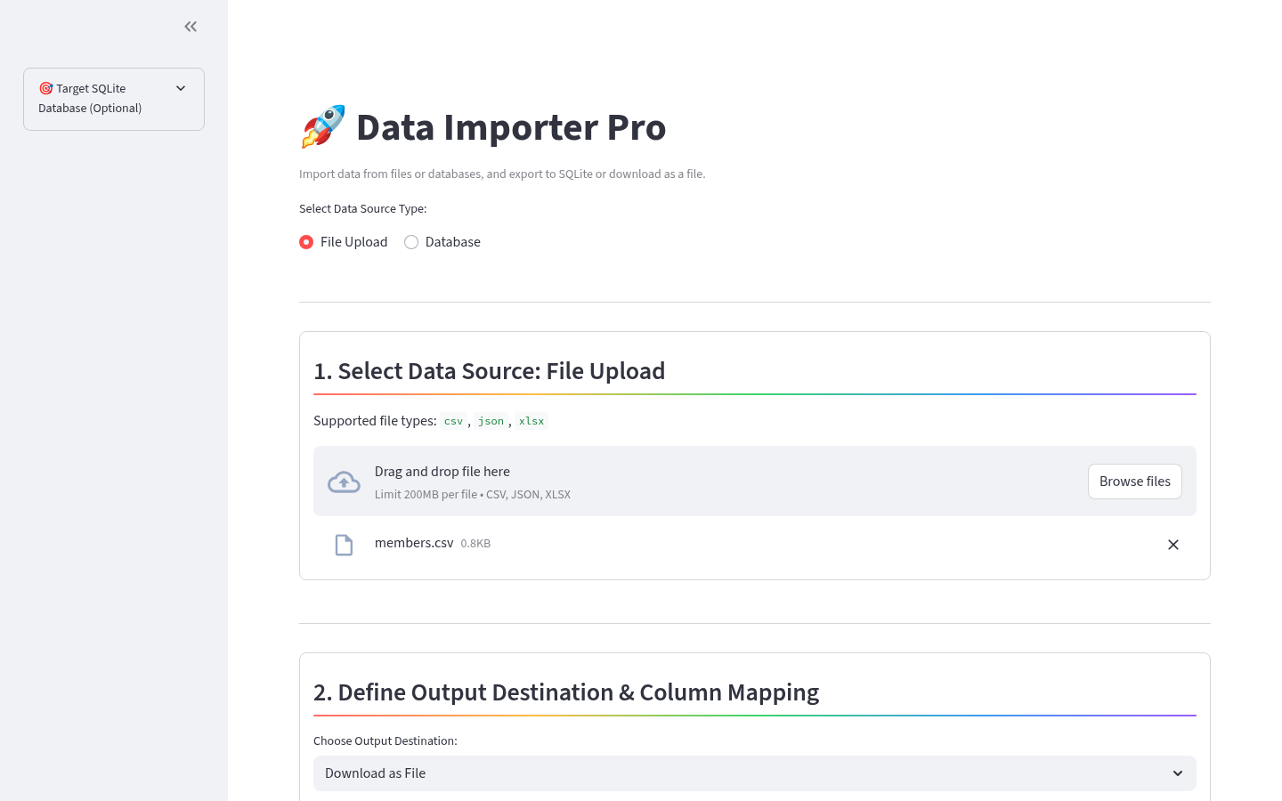Data Importer Pro upload screen with a selected CSV file.