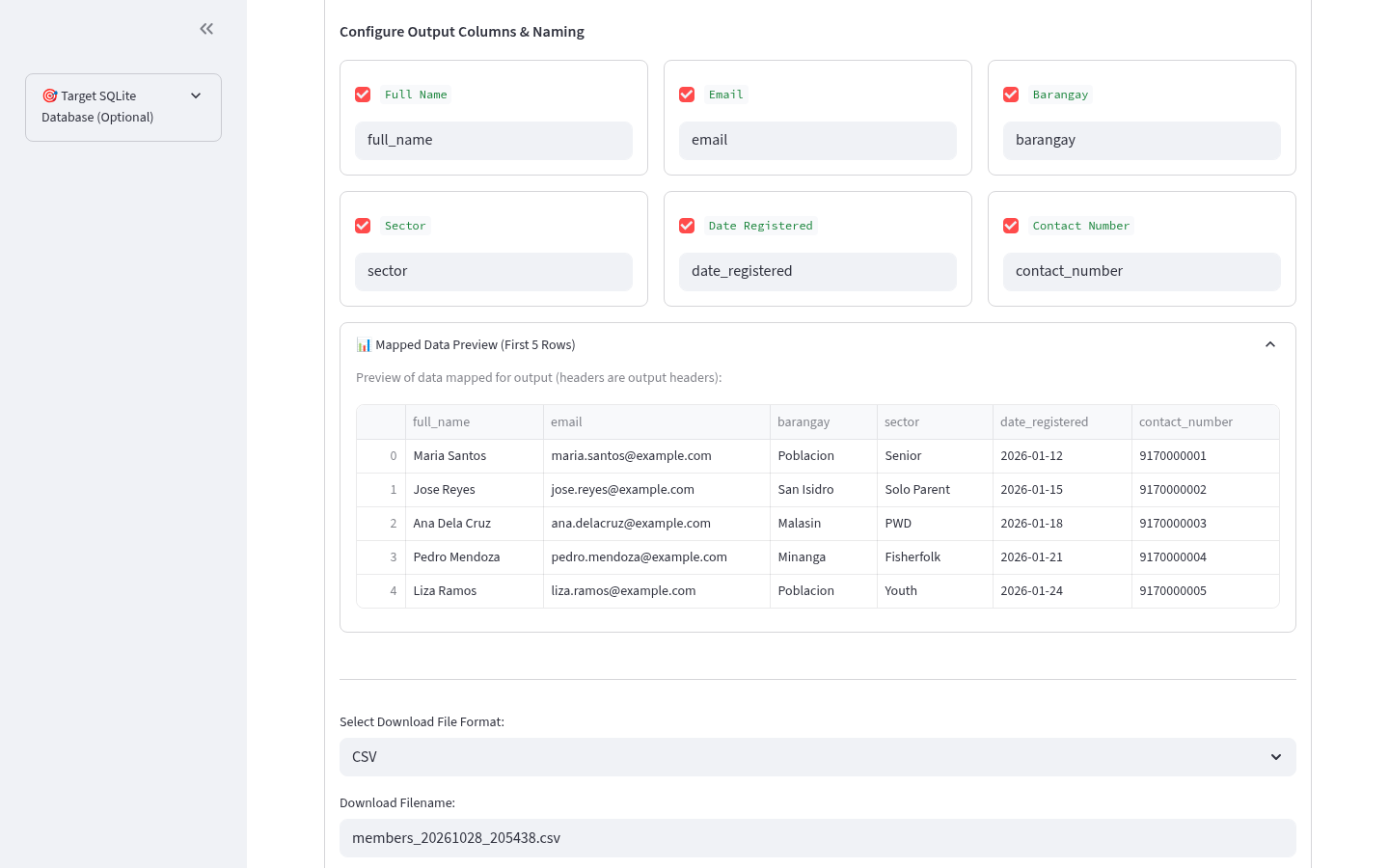 Data Importer Pro column mapping and a five-row preview of a fictional member register.