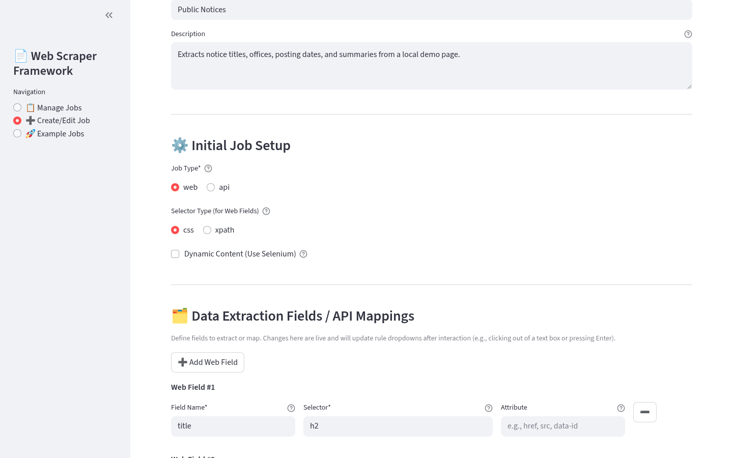 Web Data Scraper job editor with four extraction fields.