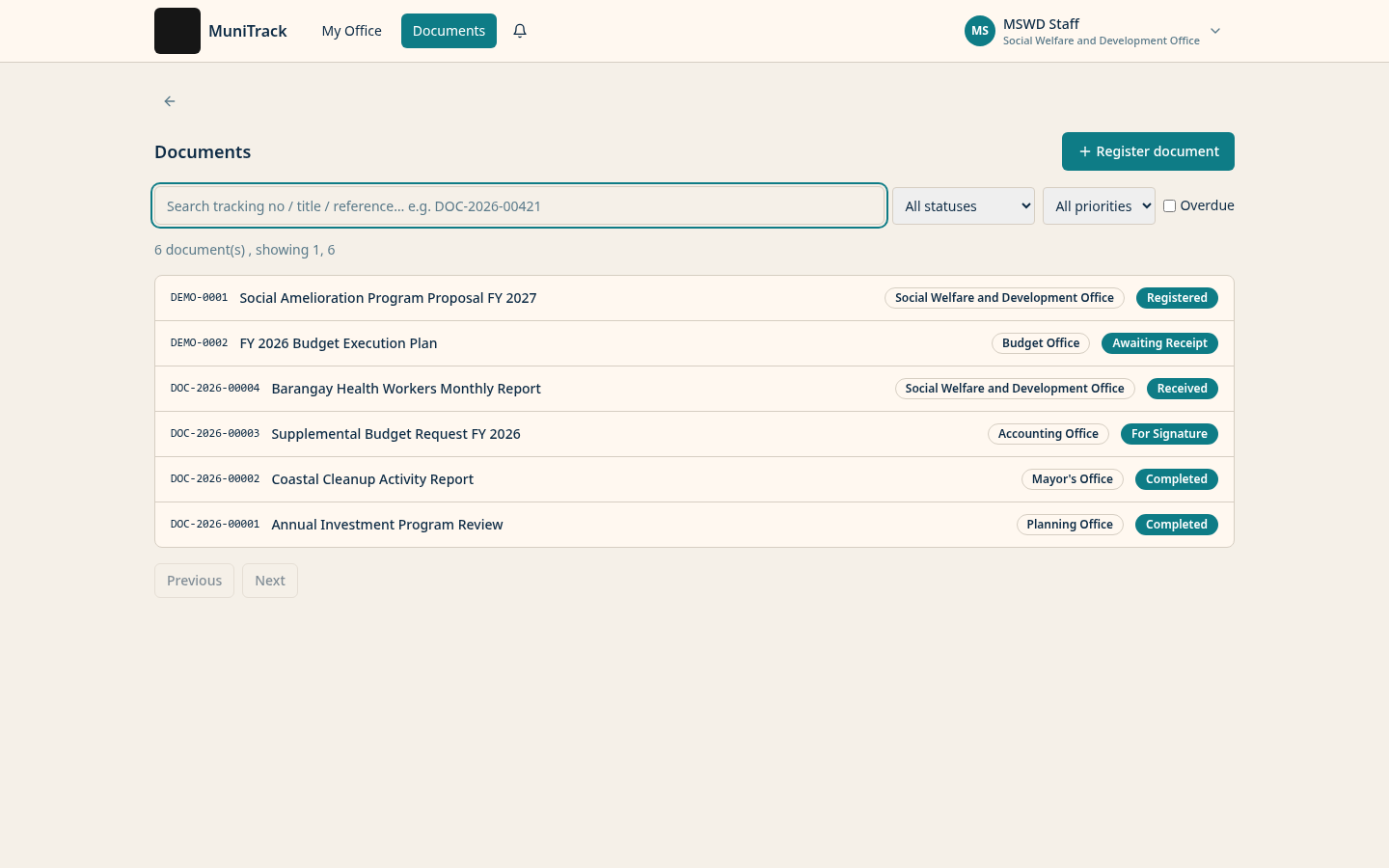 MuniTrack document register listing tracking numbers, document titles, holding offices, and status badges from Registered to Completed.