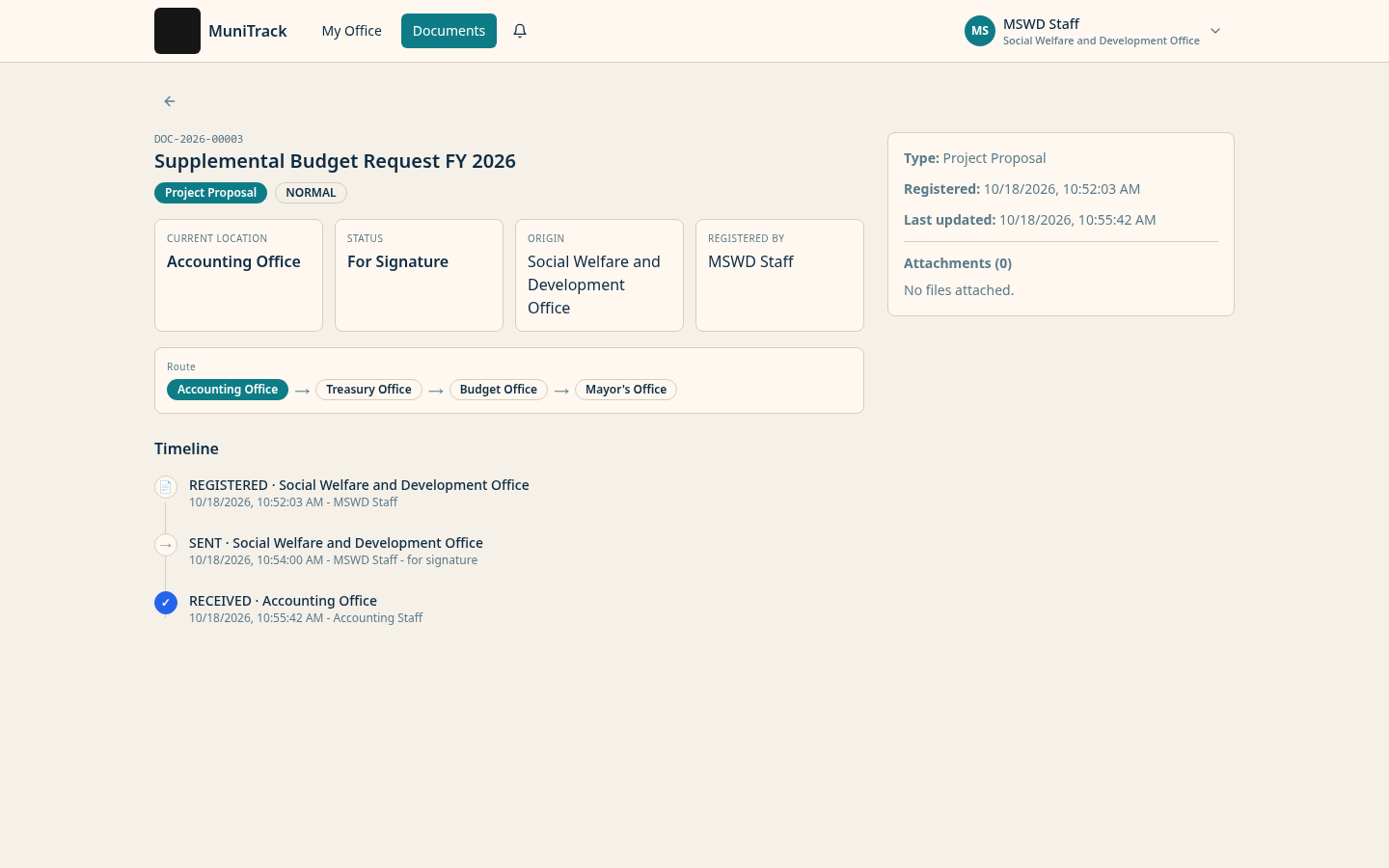 MuniTrack document detail showing a supplemental budget request, its planned route through four offices, and a timeline of registration, sending, and receipt.