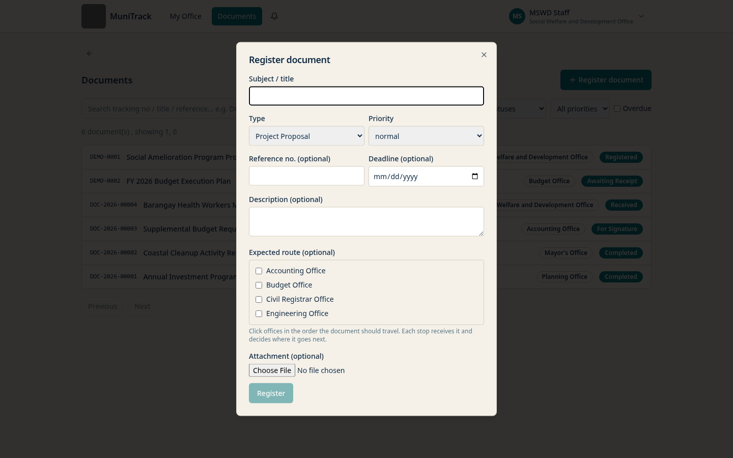 MuniTrack register document form with subject, type, priority, reference number, deadline, description, expected route checkboxes, and an attachment field.