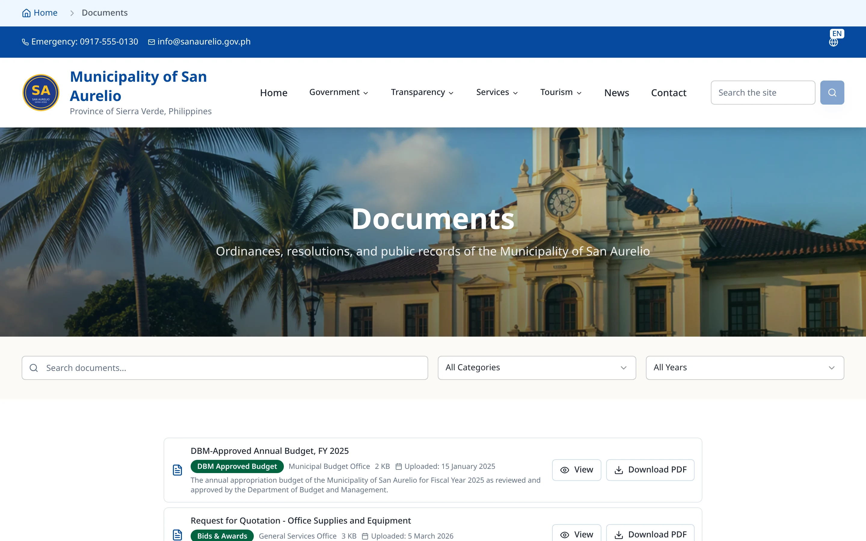 San Aurelio municipal documents page with a search field, category and year filters, and a list of ordinances, resolutions, and public records.
