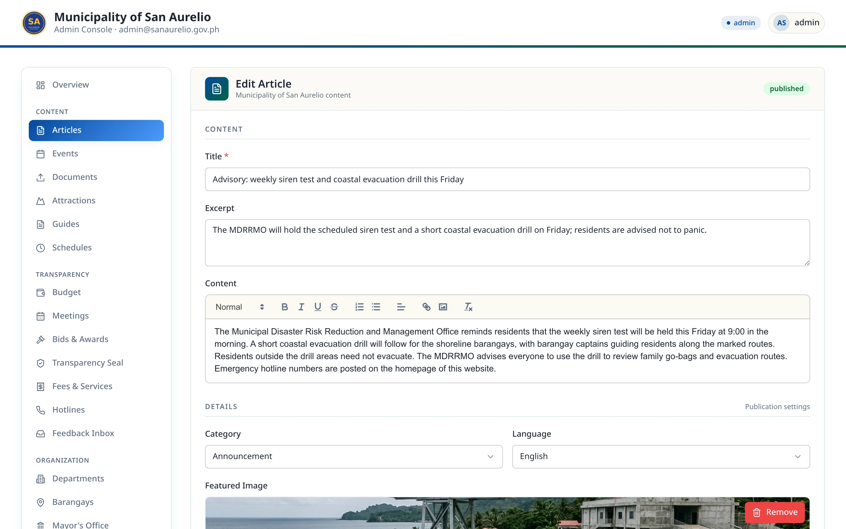 San Aurelio article editor showing a published advisory with title, excerpt, rich-text body, category, language, and featured image.