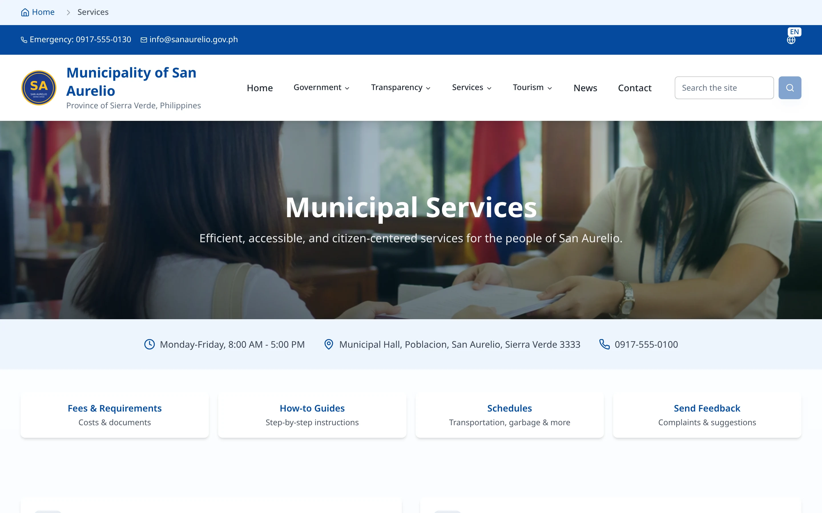San Aurelio municipal services page with office hours, municipal hall address, hotline, and links to fees, guides, schedules, and feedback.