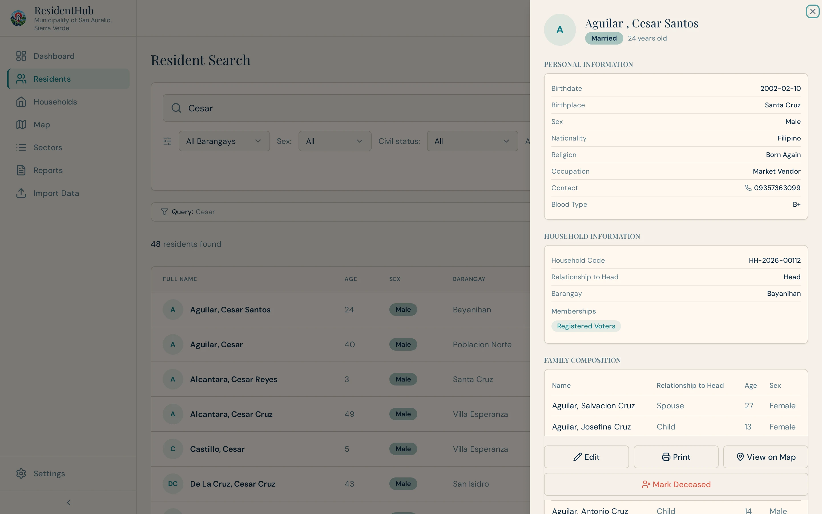 ResidentHub resident profile drawer showing personal information, household details, registered voter membership, and family composition.