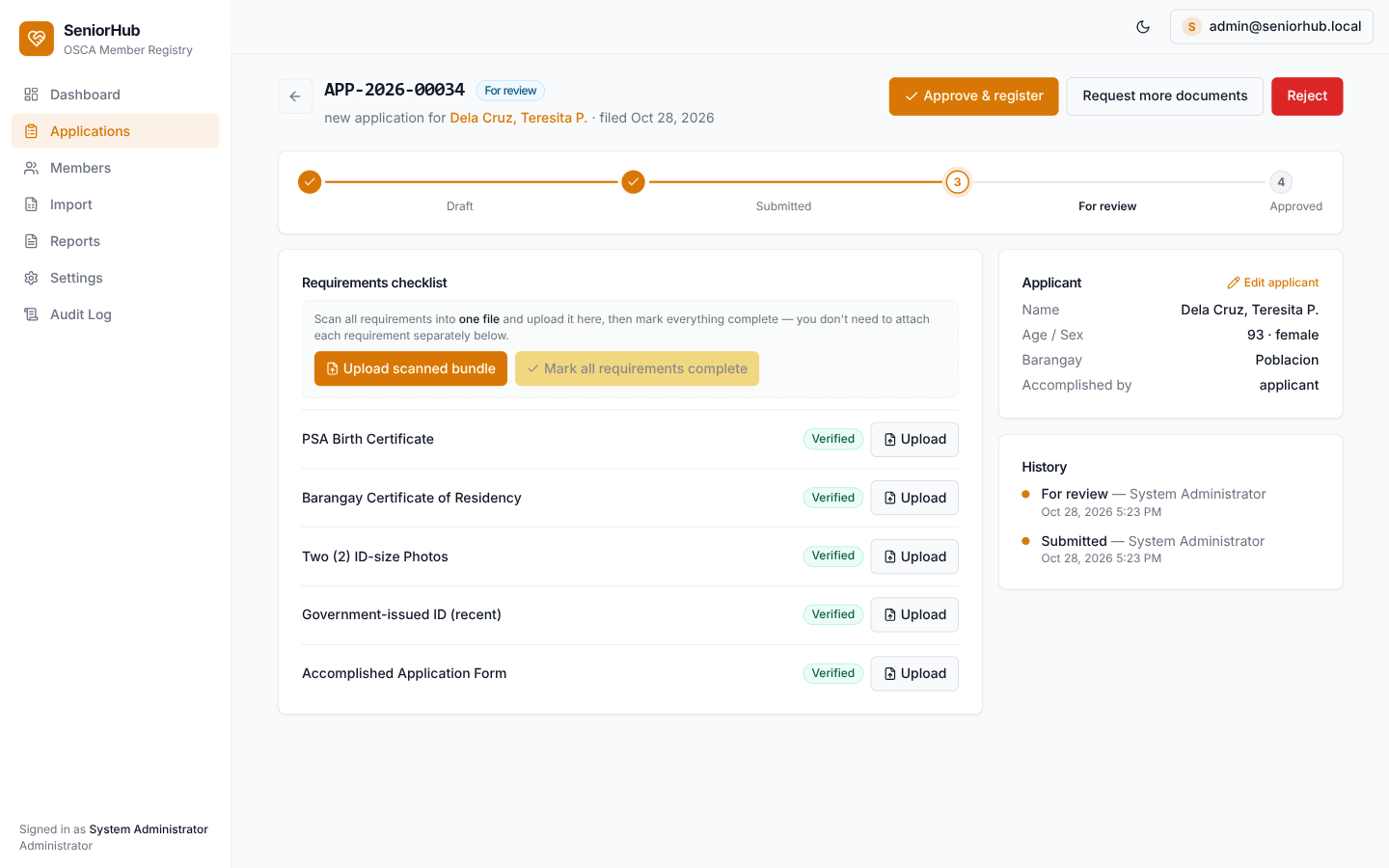 SeniorHub application review with status steps, requirements checklist, and applicant details.