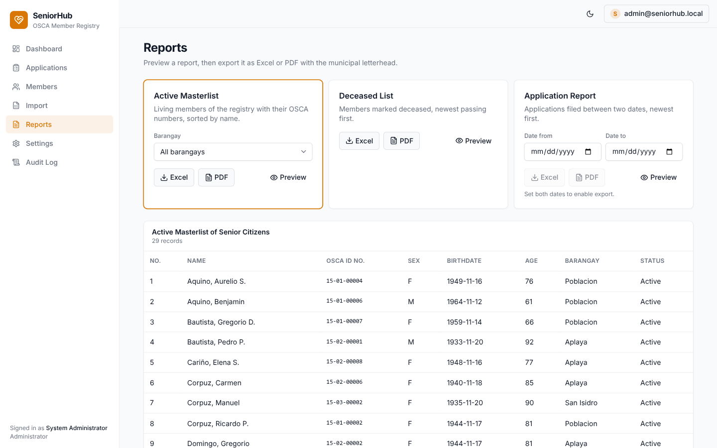 SeniorHub reports page with masterlist preview and Excel and PDF export buttons.