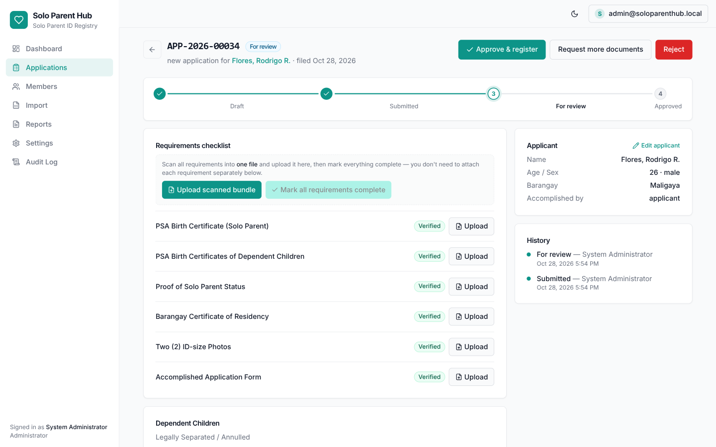 Solo Parent Hub application review with status steps, requirements checklist, and applicant details.