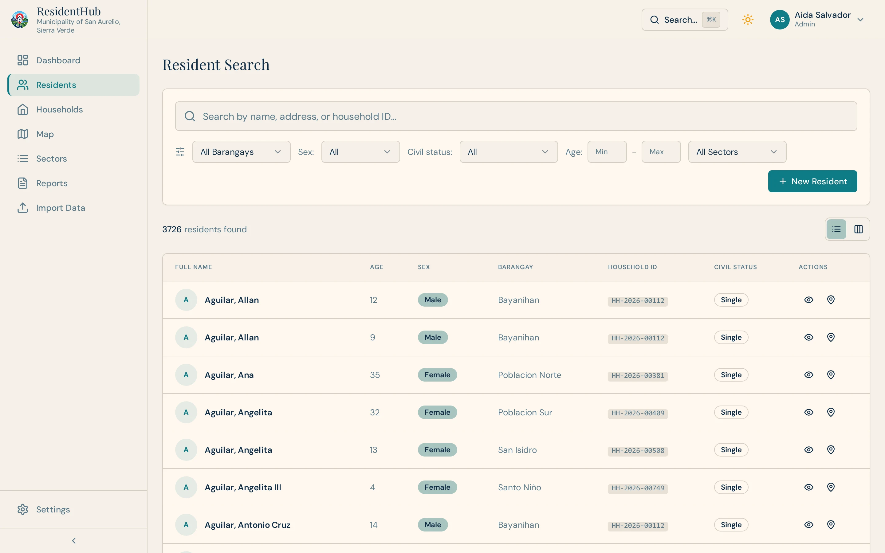 ResidentHub resident search table listing names, ages, sex, barangays, household codes, and civil status, with filter controls for barangay, sex, civil status, age, and sector.