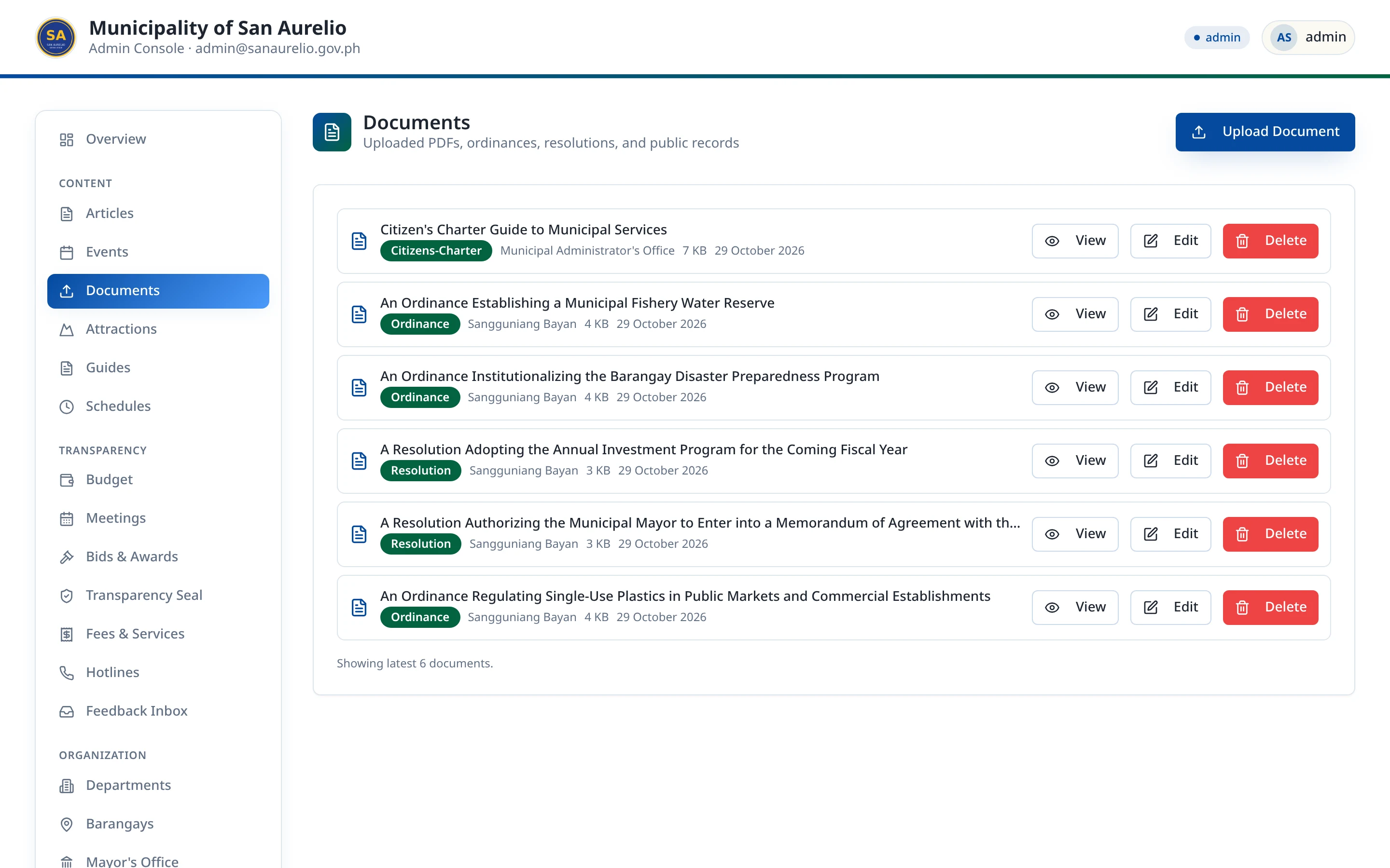 San Aurelio admin documents manager listing ordinances, resolutions, and a citizen's charter, with upload, view, edit, and delete actions.