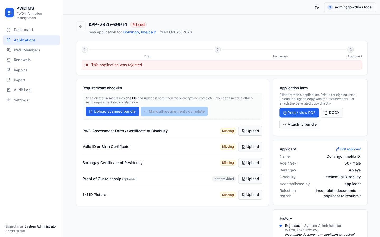 PWDIMS application record showing a Draft, For review, Approved workflow, a requirements checklist, generated application form, applicant details, and history.