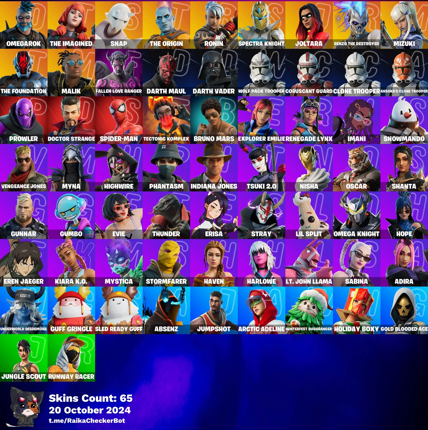 65 Skins, Omegarok, The Imagined, Snap, The Origin, Ronin, Spectra