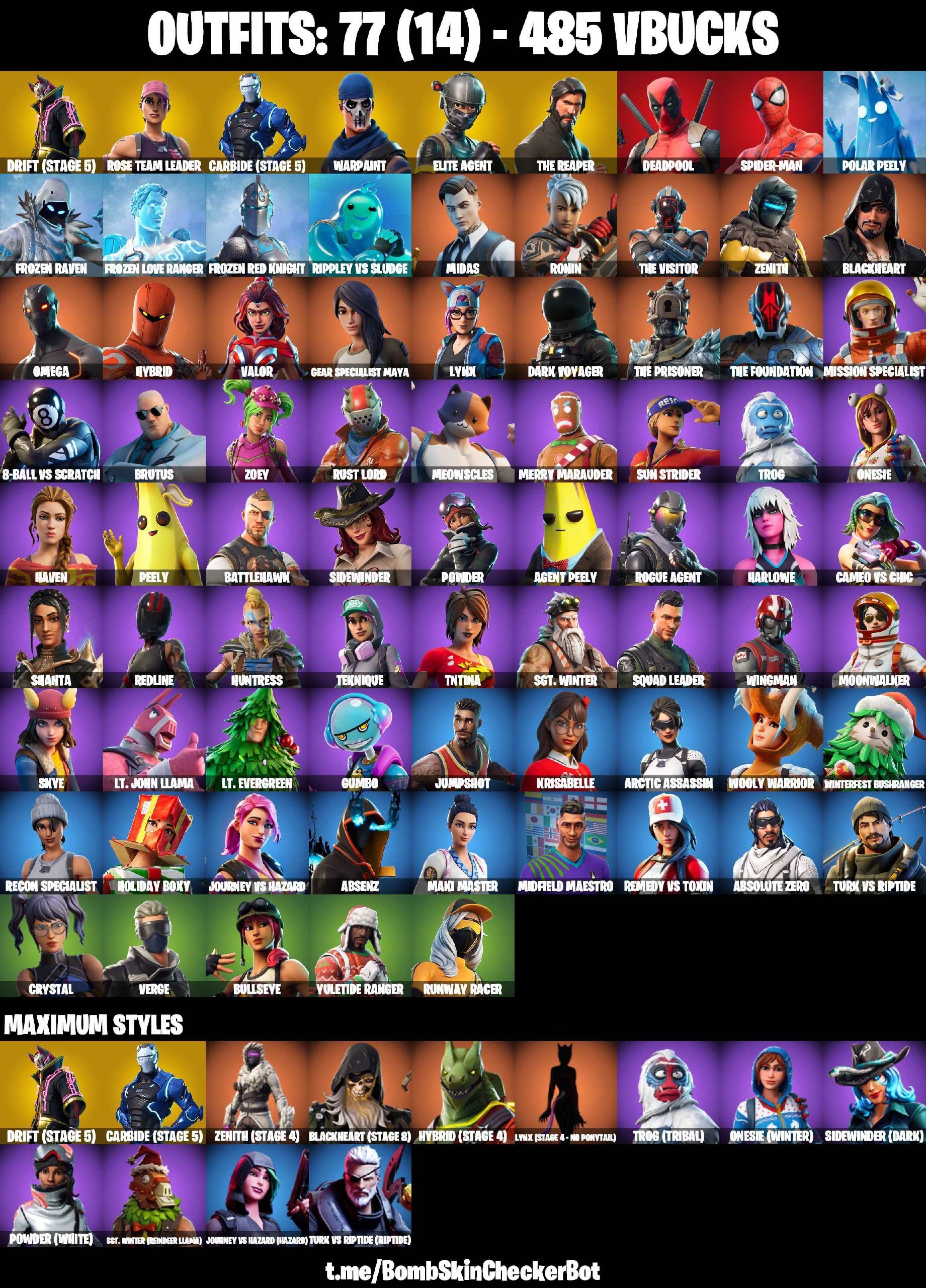 77 Skins, The Reaper, OG STW, Take the L, Spiderman, Rogue Agent, Elite Agent, Carbide (Stage 5) [PC/PSN/XBOX/Switch]