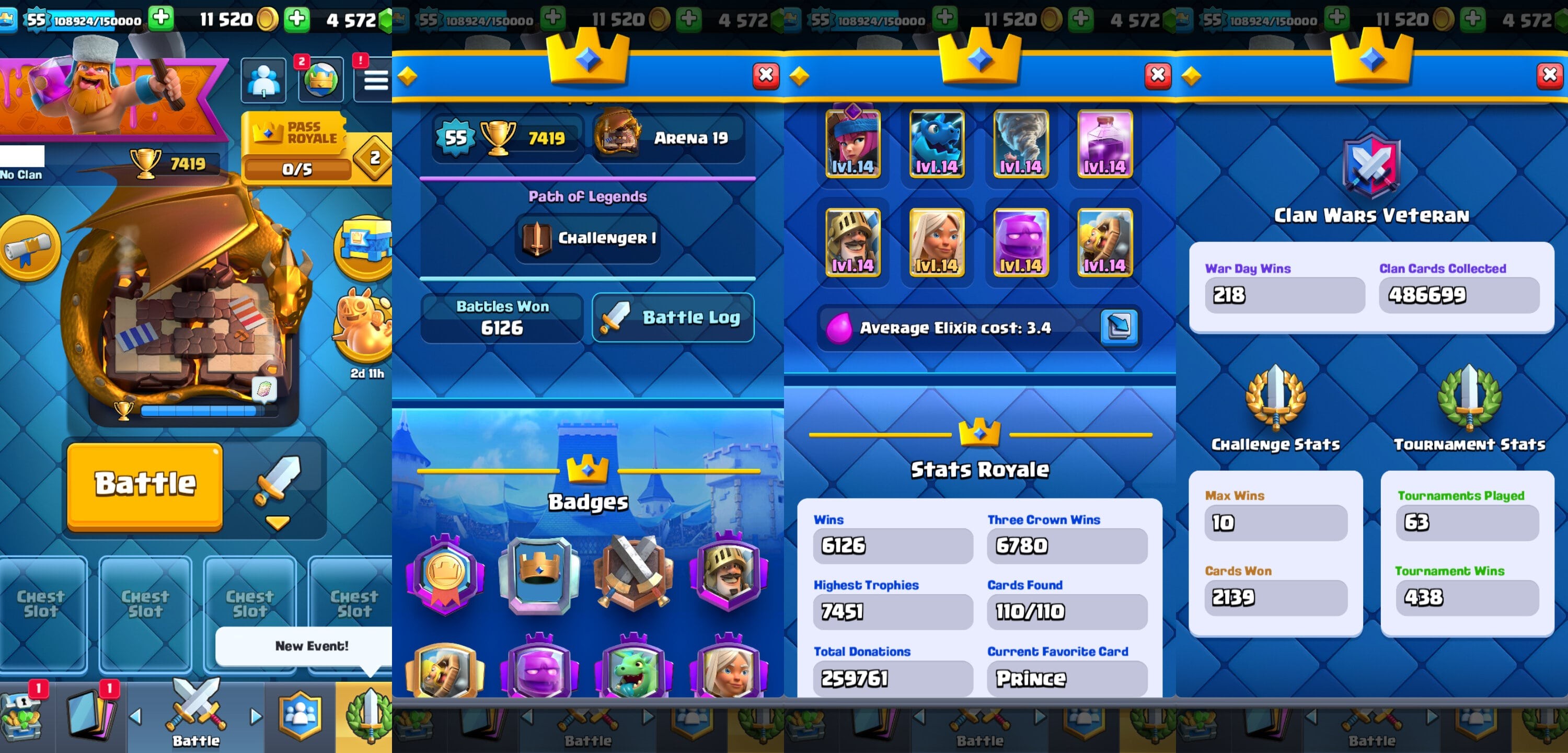 KT 15, LVL 55, Cards 110, Max Cards 1 LVL15, 82 LVL14, Emotes 88, Tower Skins 3 (IOS/Android)