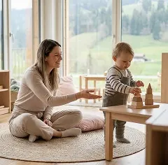 Educator supporting a young child through play, helping them learn, grow and develop at their own pace.