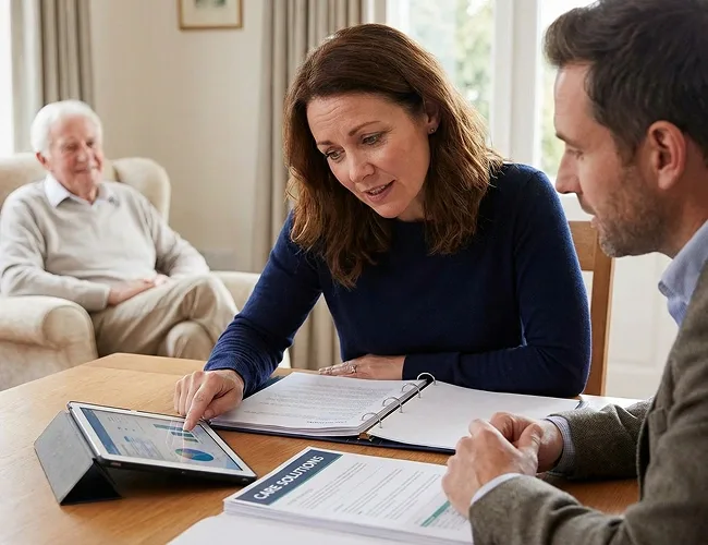 An employee receiving personalised guidance on care solutions for an elderly relative, illustrating the support and practical advice provided through the MyParents programme.
