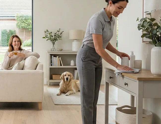 A household support professional helping with everyday home tasks while a family enjoys more quality time together, illustrating the practical services available through MyHome.