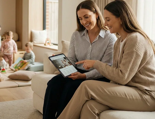 Two parents exploring childcare options together on a digital platform while their children play nearby, illustrating the guidance and support provided through the MyKids programme.