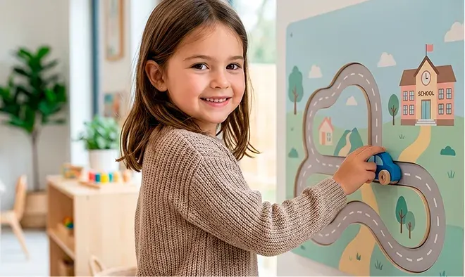 Child interacting with a learning board featuring a road leading to a school, representing their developmental journey.