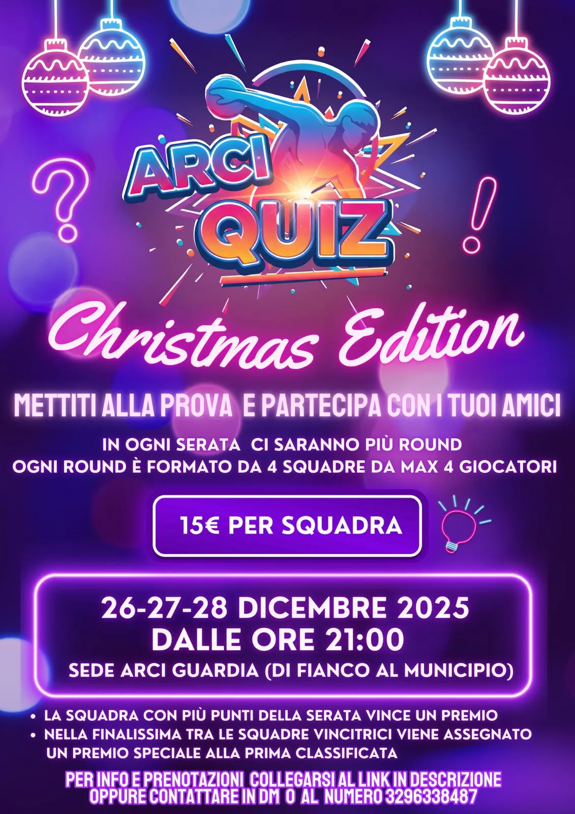 Locandina Arci Quiz Christmas Edition con titolo colorato e sagoma di concorrente
