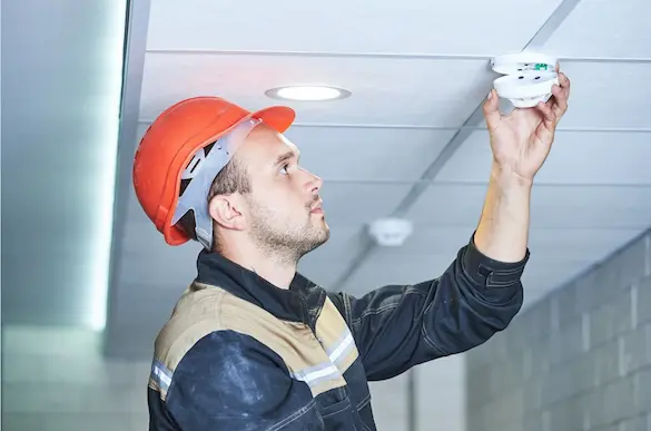 Technician installing smoke detector