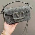 Valentino Garavani Locò Embroidered Grey Small Shoulder Bag-thumb-0