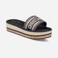 Dior Dway Platform Slide Deep Blue Embroidered Cotton Flat Sandals-thumb-1