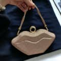 Swvaroski Lip Shape Party Wear Beige Clutch Bag-thumb-1