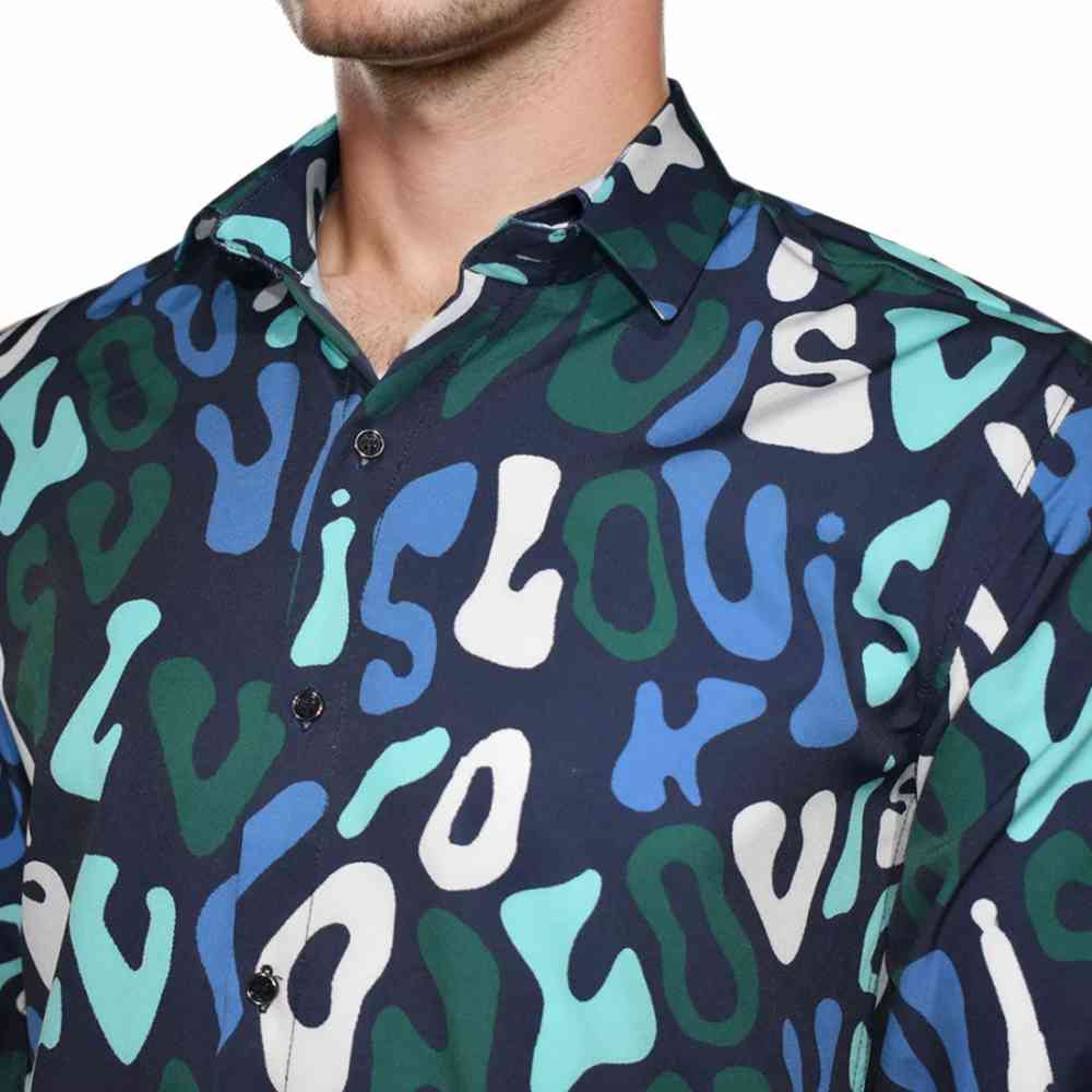 Louis Vuitton Navy Blue & Green Premium Quality Long Sleeve Shirt-2