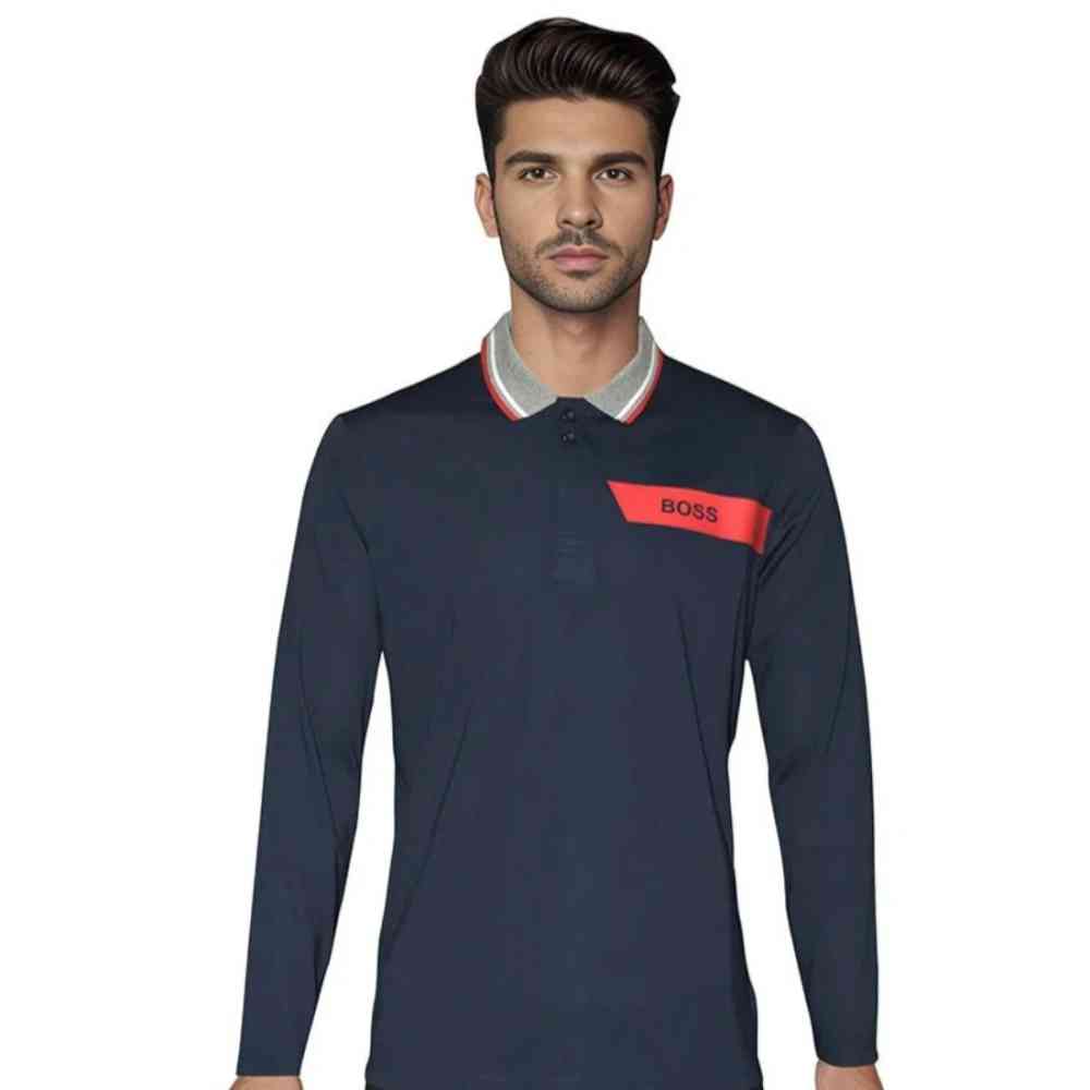 Blue BOSS Black Interlock Cotton Polo T-shirt with Stripe Logo
