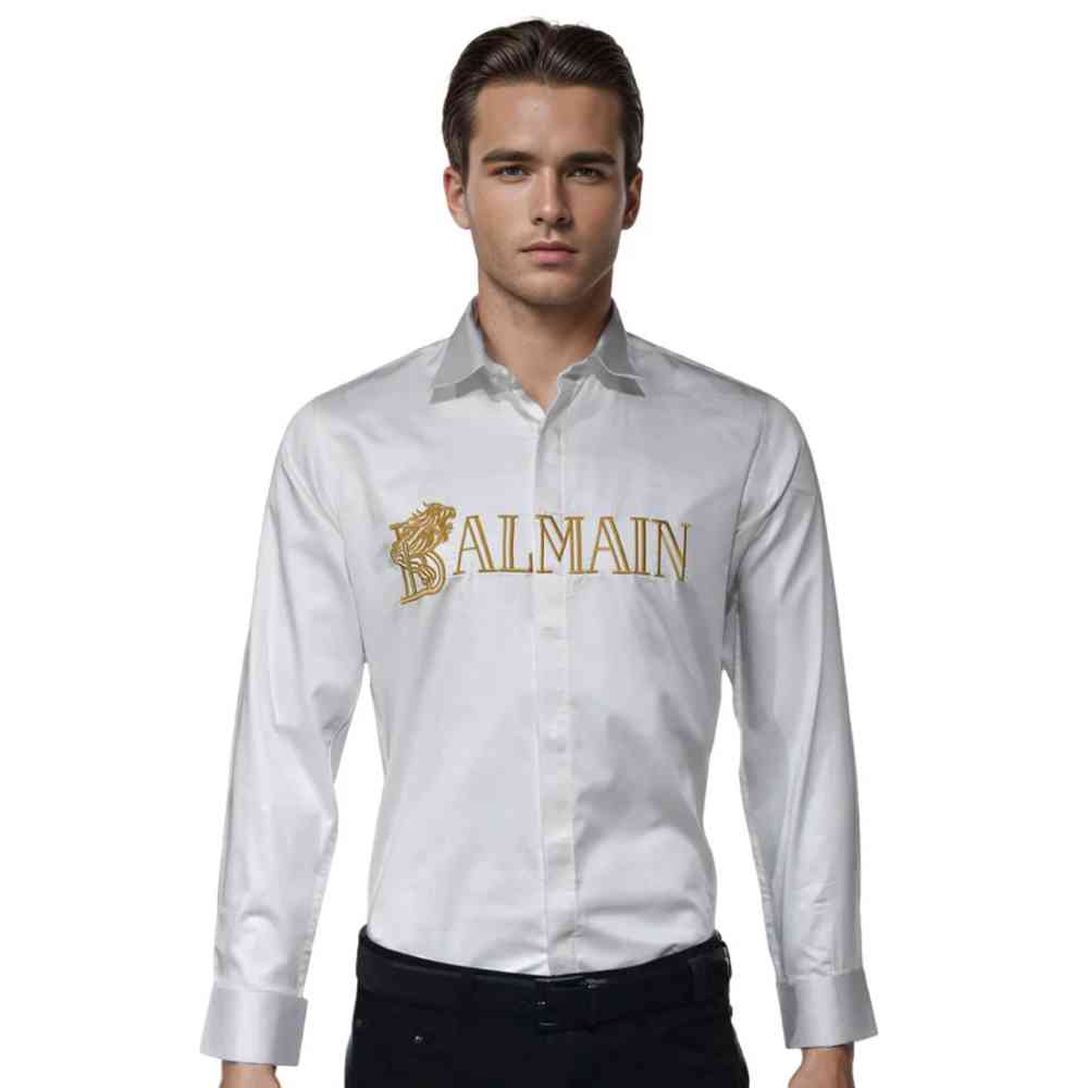 White Balmain Green Premium Quality Long Sleeve Shirt