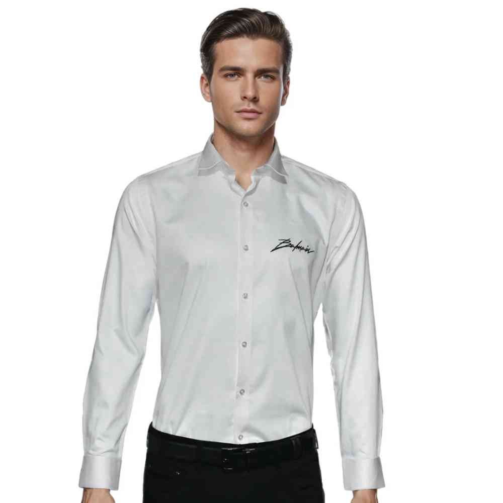 White Balmain Green Premium Quality Slim Fit Formal Men's Shirt