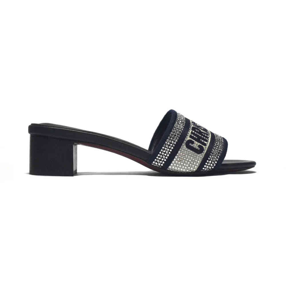 Christian Dior Silver Studded Navy Blue Heels Sandals-thumb-2