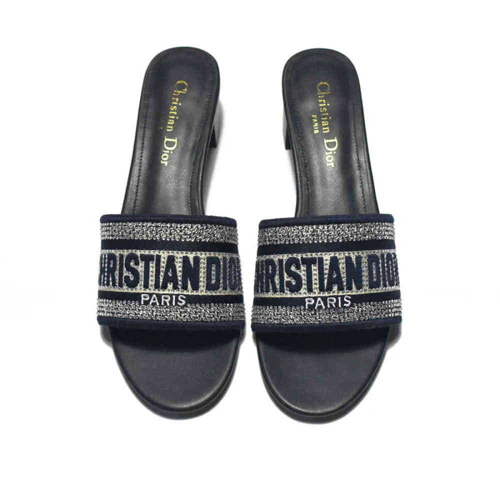 Christian Dior Silver Studded Navy Blue Heels Sandals-thumb-5