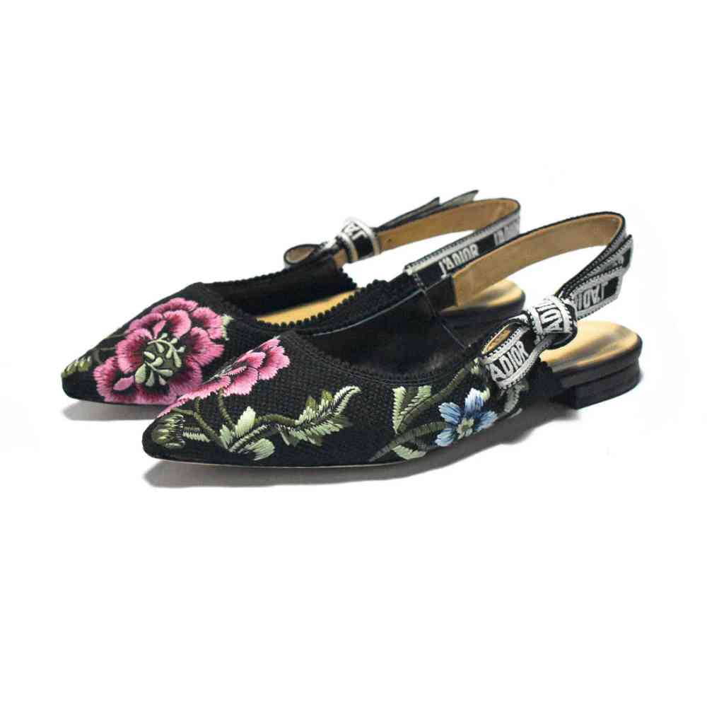 Black Dior Flower Printed White Premium Quality Flat Sandals