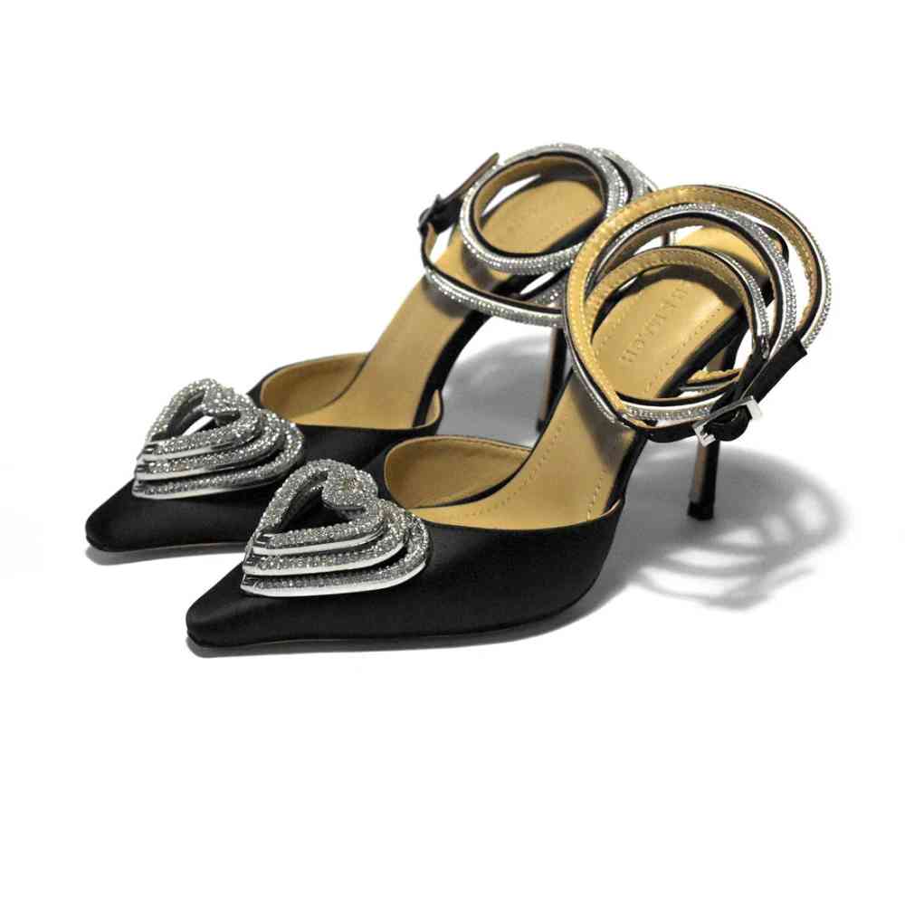 Black Mach & Mach Pink Heart Printed Premium Quality Pencil Heels Sandals