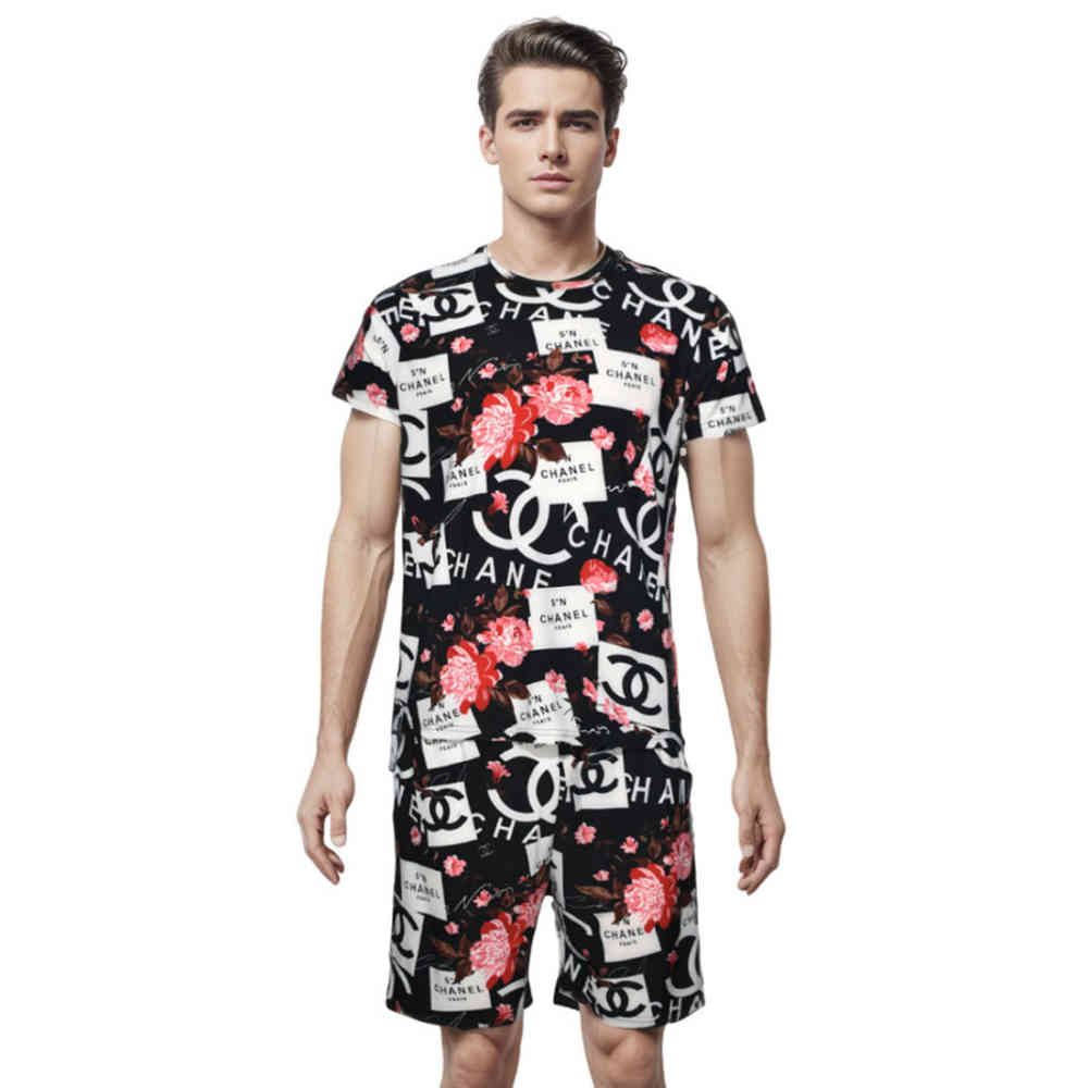 Black Chanel Floral Logo Print Blue Premium Shirt & Shorts Combo