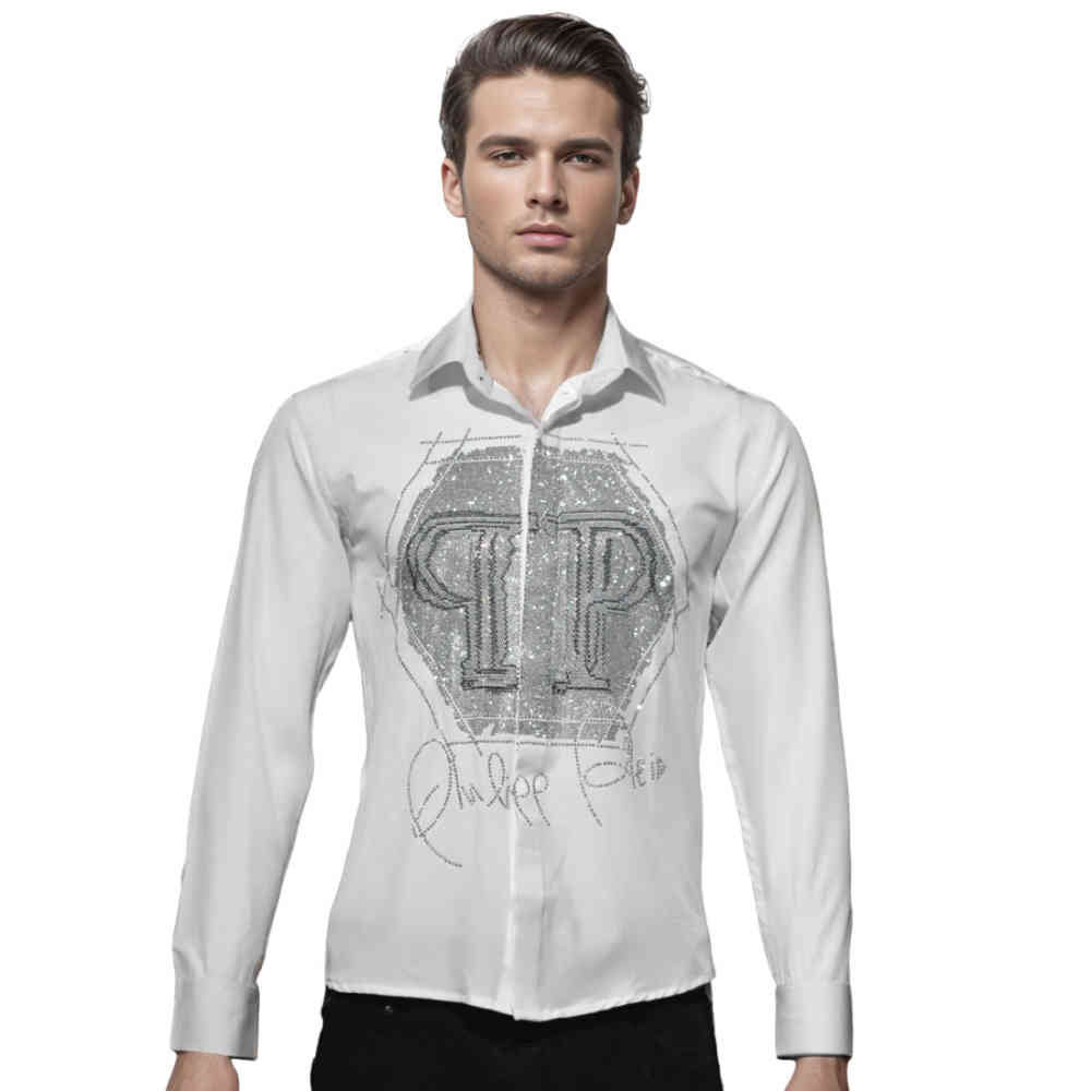White Philipp Plein Black Premium Quality Glitter Stone Print Shirt