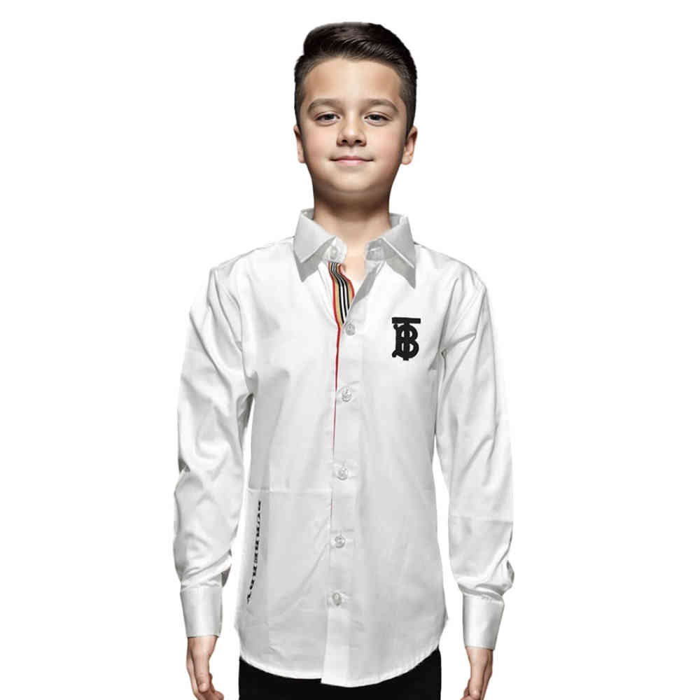 White Burberry Embroidered Premium Sky Blue Kids Shirt