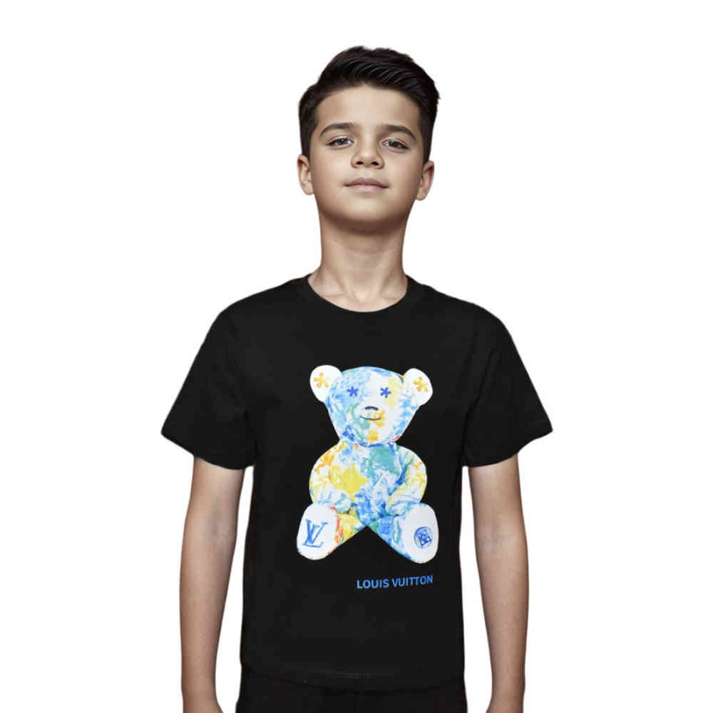 Black Louis Vuitton Cream Premium Teddy Print Kids T-shirt