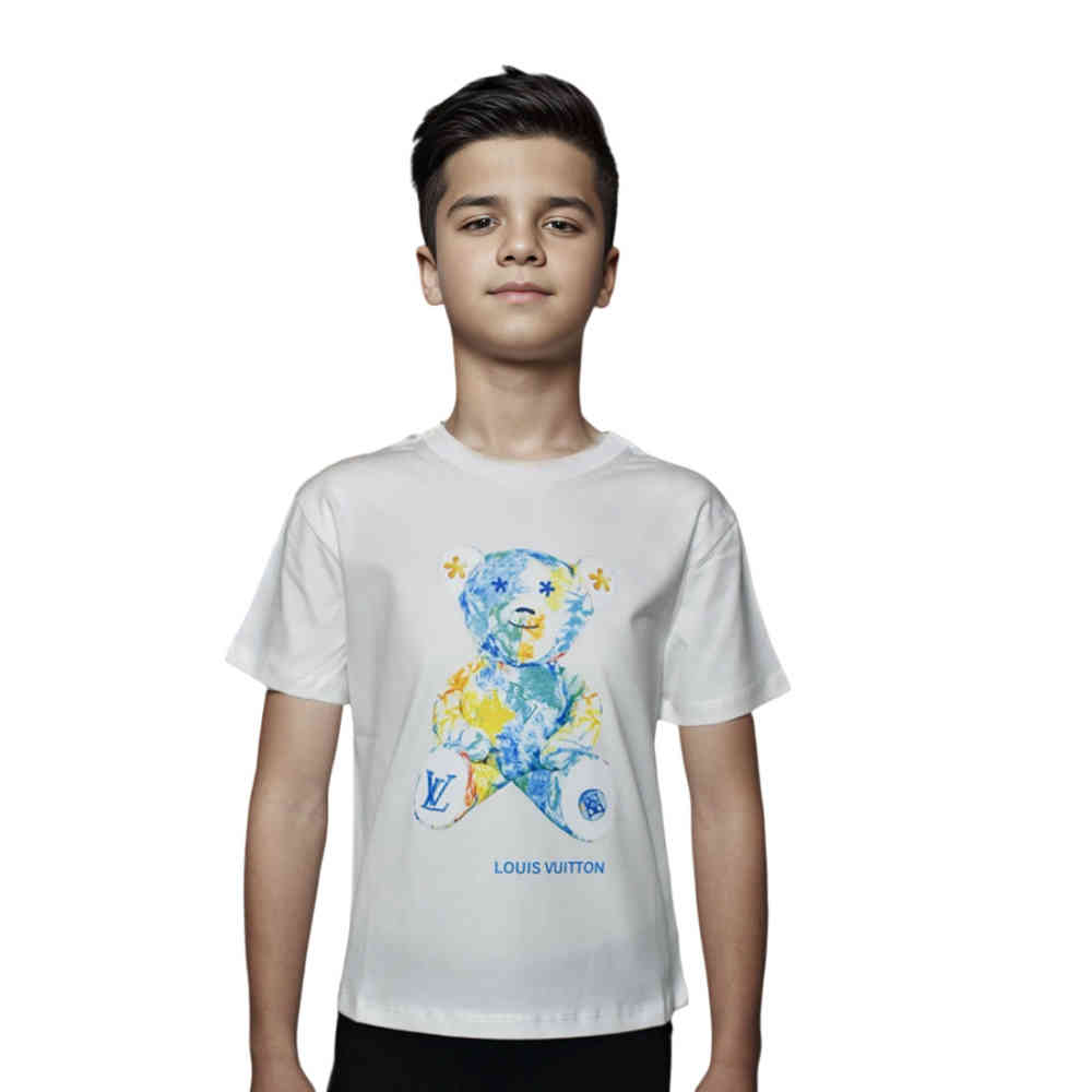 White Louis Vuitton Cream Premium Teddy Print Kids T-shirt