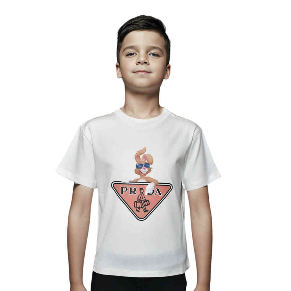White Prada Logo Print Black Premium Kids T-shirt