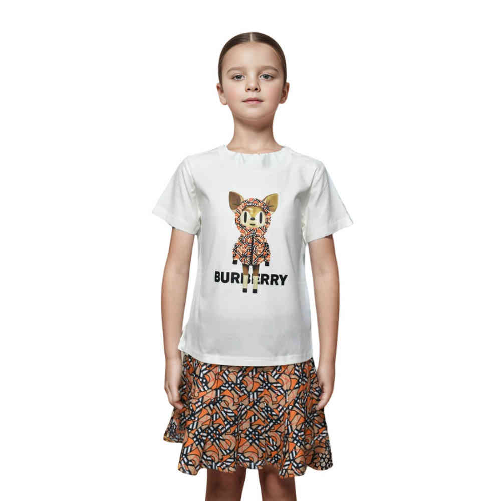 White Burberry Round-Neck Black Premium Girls Co-ord Set