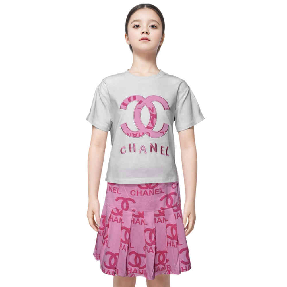 Pink Chanel Embroidered logo White Premium Girls Co-ord Set